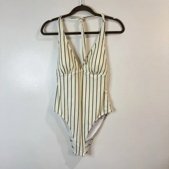 NWT Cupshe Swimsuit XXL / 2XL One Piece Alice Stripe Halter Cream Gray Padded - Picture 3 of 10